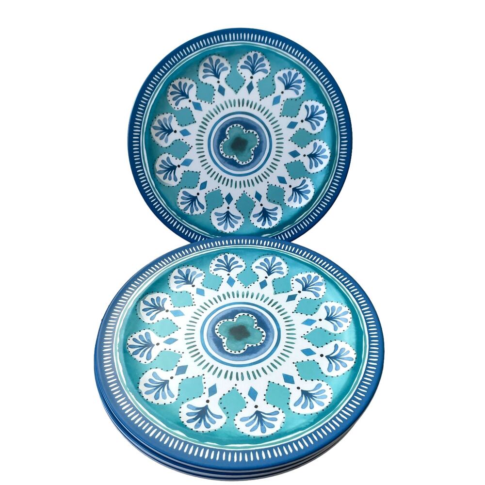 ACADIA HOME Melamine 10.5" Dinner Plates Set 4 Blue Teal White Iznik Print NEW - Picture 2 of 8